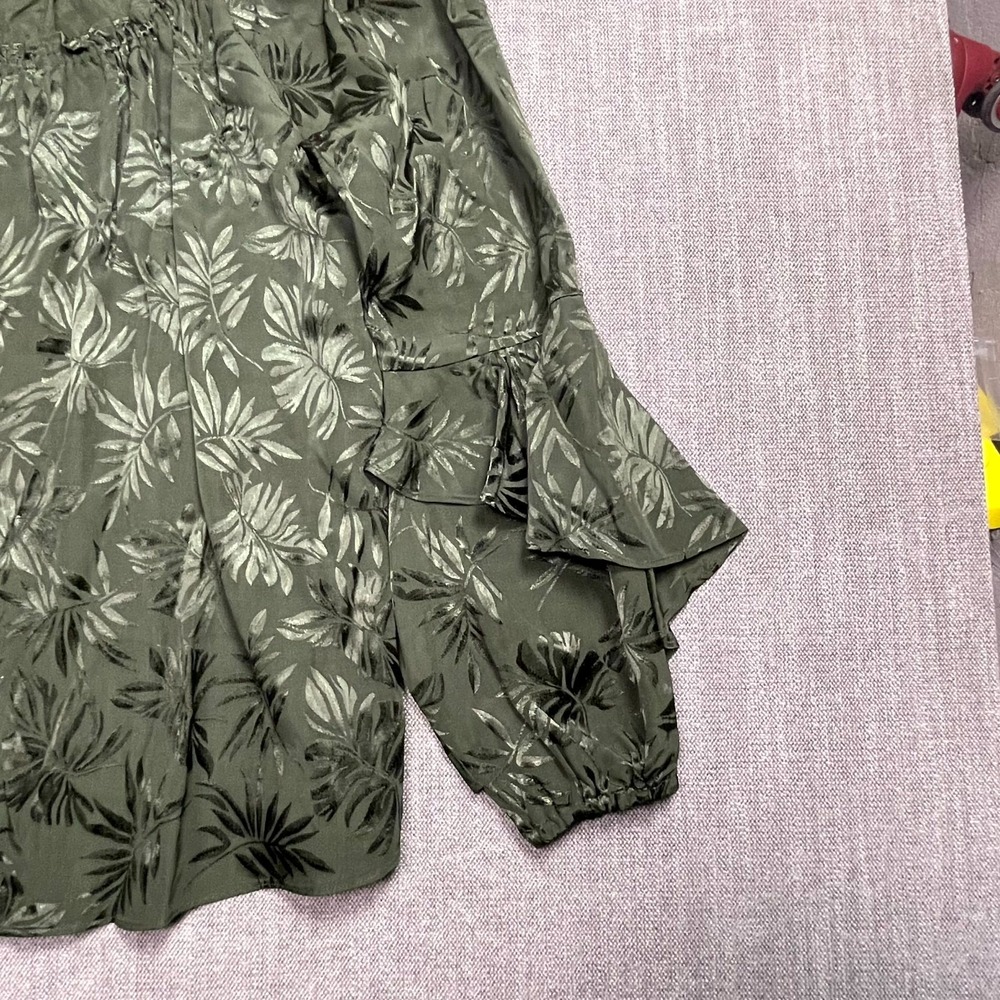 Michael Kors Blouse Top Womens Large Olive Green Floral Ruffle Sleeve Boat Neck - Picture 4 of 14